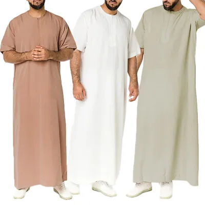 US STOCK Mens Muslim Short Sleeve Saudi Jubba Kaftan Arabic Jubba Thobe Robe Top • $17.85