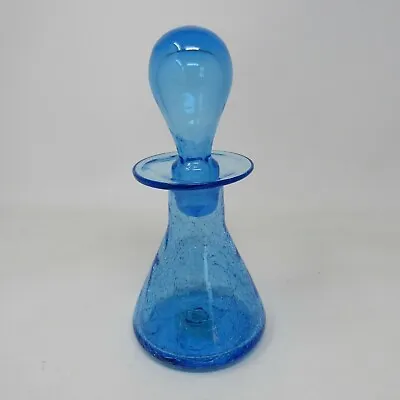 Vintage Blue Crackle Glass Bottle With Solid Stopper 7.75  Unmarked Handblown • £28.94