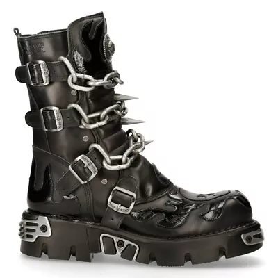 New Rock Unisex M.727-S1 Boots Black Leather Boots Skull Chain Flame Reactor  • $319.99