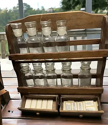 Vtg Glass Spice Jars With Wood Rack And Drawers Made In Taiwan 9Bottles • $50