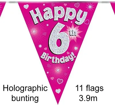 £2.25 • Buy Happy 6th Birthday Holographic Triangular Party Foil Banner Bunting- 6 Pink
