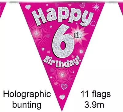 Happy 6th Birthday Holographic Triangular Party Foil Banner Bunting- 6 Pink • £3.49