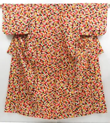 3423T14z610 Vintage Japanese Kimono Silk　MEISEN KOMON  Red • $130