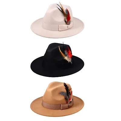 Men Women Wide Brim Felt Fedora Hat Bow Feather Derby Trilby Hat Panama Jazz Cap • $15.19