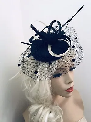 £29.99 • Buy Navy Blue Ivory/Cream Fascinator Formal Ladies PillBox Hat Wedding Ascot Races
