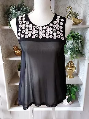 Pretty Black Sheer Top with Daisies From Primark 10 Top Cond. • £2.50