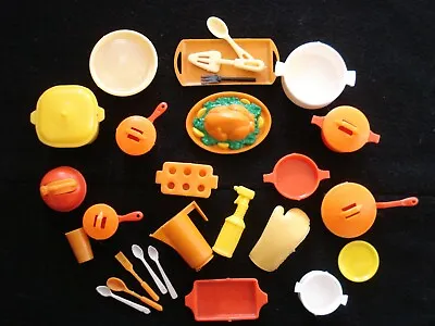 Vtg BARBIE Doll DREAM KITCHEN Utensil LOT 33 Tea Kettle~Pots~Pans~Food~Flatware • $12.99