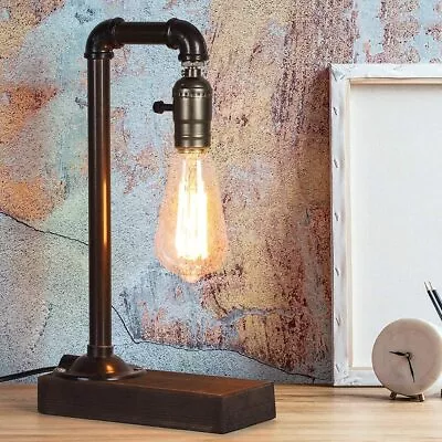 Industrial Steam Punk Table Lamp Wood Base Rustic Iron Pipe Lamp For Living Room • $17.98