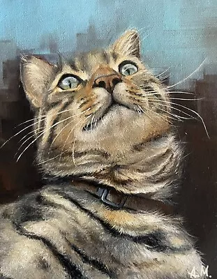 Original Handmade Oil Painting On Canvas Pad  “Thinking Cat” 8х10in • £50