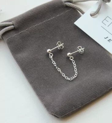 £14.49 • Buy Sterling Silver Double Lobe Piercing Earring - Chain Studs For Two Holes 