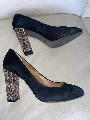 J CREW Etta Glitter Pumps $248 Sz 9 Platform Shoes Black Suede Multi EUC P6 • $80