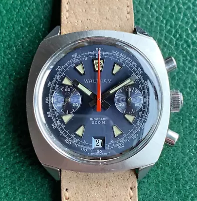 Vintage Waltham Blue Dial Chronograph Valjoux 7734 37mm Stainless Steel Serviced • $899