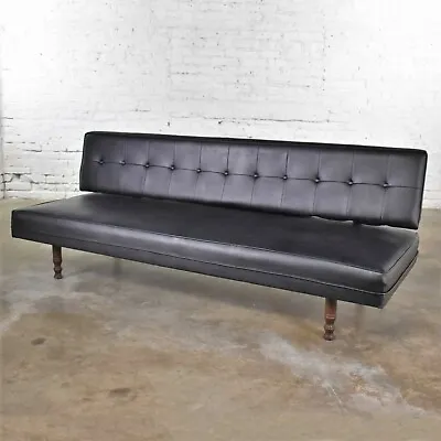 Vintage Mid Century Modern Black Vinyl Faux Leather Convertible Sofa By Universa • $1195