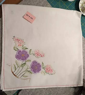 $7 • Buy Vintage Appliqued Tablecloth -Purple And Pink Flowers--33 X 32