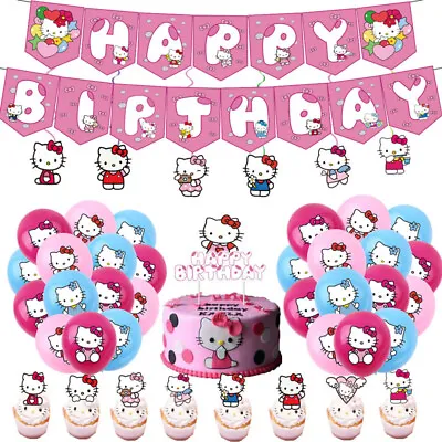 Hello Kitty Theme Color Balloon Happy Birthday Banner Cake Topper Decor Party • $12.95