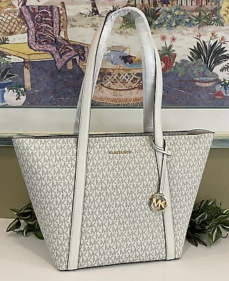 Michael Kors Pratt Large Zip Shoulder Tote Bag Purse Mk Cream Logo Signature • $107.99