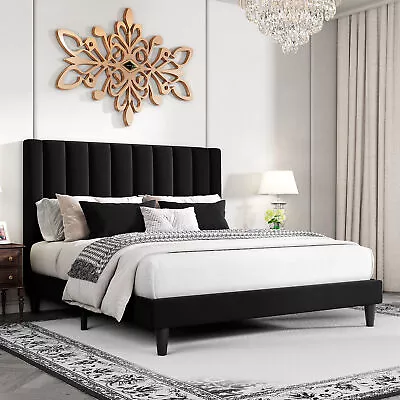 Platform Bed Frame With Velvet Upholstered Plush Vertical Channel Headboard • $185.99