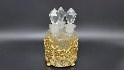 VINTAGE TRIPLE GLASS PERFUME BOTTLE SET With PAINTED METAL BASKET • $130.02