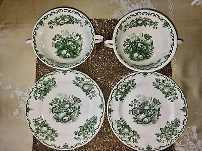 Masons 'Fruit Baskets' Ironstone 2 Twin Handled Soup Cups And 2 Plates (17.5 Cm) • £12