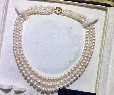 £118.34 • Buy Three Strands 8-9mm South Sea White Pearl Necklace 18 19 20 14k Gold