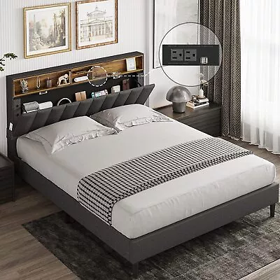 $269.97 • Buy Queen Size Bed Frame With Storage Headboard Fabric Upholstered Bed With Outlets