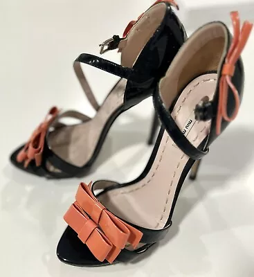 Miu Miu Ultra High Patent Leather Coral Bow Ribbon Black Heels Size 38.5 • $190