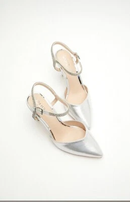 £26.99 • Buy Ladies Size 8 Wide Fit Silver Diamante Ankle Strap 3.5 Inch Heel Court Shoes (Q8