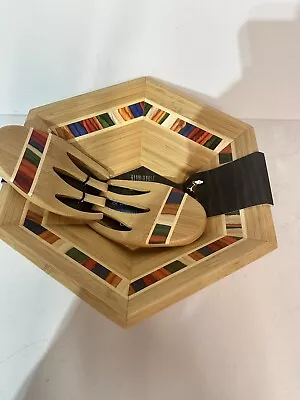 Baltique Bamboo With Colored Birch Inlay Salad Bowl & Salad Hands Handmade • $34