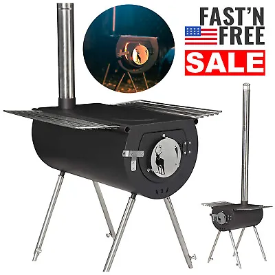Hot Tent Stove Jack Wood Burning Portable With 7 Vent Pipes Camping Fire Kit New • $122.38
