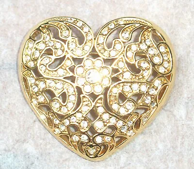 Vintage NAPIER Rhinestone Filigree HEART PIN Rhinestones BROOCH Love Token • $14.95