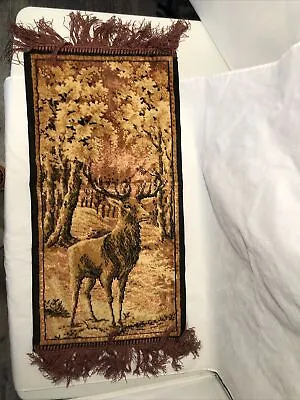 Vintage Italian Stag Deer Golden Brown Velvet Tapestry With Fringe • $30