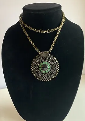 Brass Tone Round Medallion Green Enamel Heart Pendant Necklace Boho Statement • $10