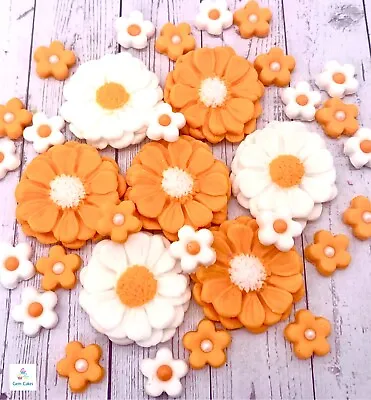 30 Edible Orange & White Fondant Flowers Cupcake Toppers Birthday Wedding • £5.99