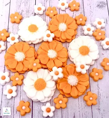 60 Edible Orange & White Fondant  Sugar Flowers Cake Toppers Birthday Wedding • £8.99