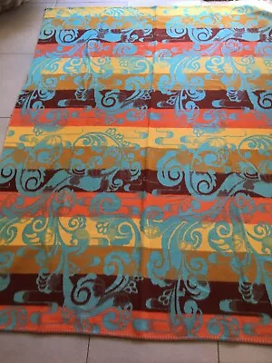 70s Vintage COTTON BLANKET Single Bed Throw Bright Stripe Paisley Retro Caravan • $79.95