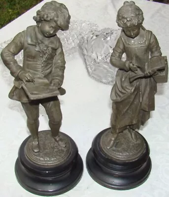 PAIR Auguste Moreau 1890 FRENCH Bronze Spelter Sculptures Boy & Girl Students • $249
