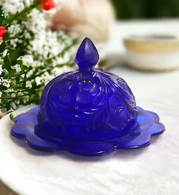 Vtg Cobalt Blue Glass INVERTED THISTLE Round Dome Covered Butter / Cheese Dish • $24