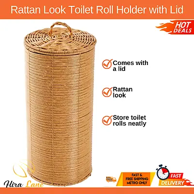 $19.44 • Buy Anko Toilet Roll Holder With Lid Rattan Look Tissue Paper Spare Stand Storage 