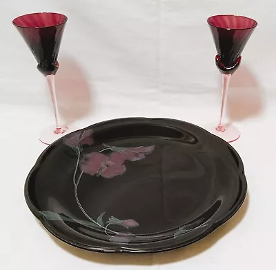 Mikasa Rondo Tango EJ702 Chop Serving Plate 12 5/8 +2 Glasses Black Lavender VTG • $21