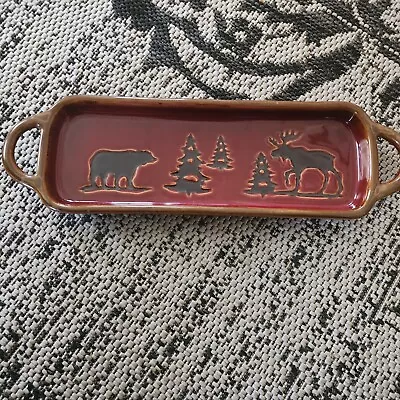 Homestudio Woodland Collection Stoneware Tray Moose & Bear Hand Painted Burgundy • $19.84