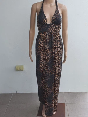 $3.50 • Buy Supre Brown Leopard Print Tie Halterneck Lomg Maxi Dress Size XS AU 6-8