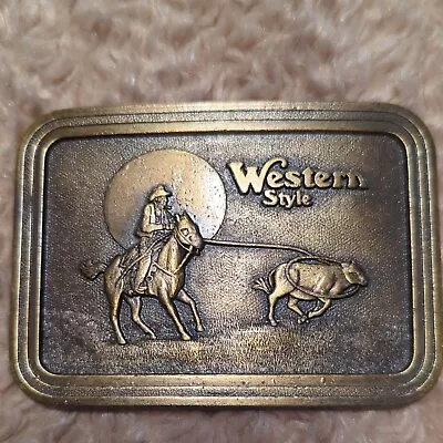 Vintage Western Style Cowboy Belt Buckle Brass Calf Roping Quarter Horse Rodeo • $9.98