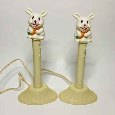 2 White Easter Bunny Rabbit Blow Mold Lit Window Candles Works Vintage Spring • $37.95