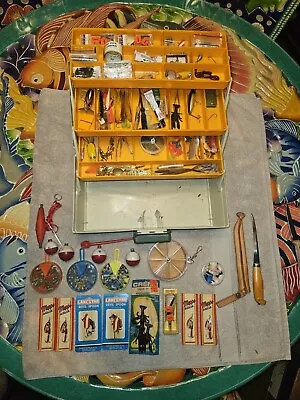 Tackle Box Full Of Old Vintage Fishing Lures Many Wooden W/Glass Eyes +Misc. • $39.99