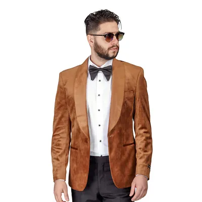  Mens Gold Velvet Tuxedo Blazer Jacket Shawl Lapel 1 Button Slim Fit BY AZAR MAN • $89