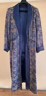 Vintage 1940s Chinese Blue Silk Brocade Large Men’s Long Robe Jacket Coat • $486.50