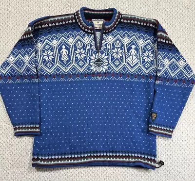 DAMAGED Dale Of Norway Wool 1/4 Zip Blue Fair Isle Sweater Size L Mens Nordic • $27.99