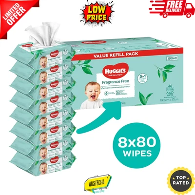 $39.90 • Buy 640 HUGGIES Thick Baby Wet Wipes Bulk Mega Pack Fragrance Free-  Baby Wipes