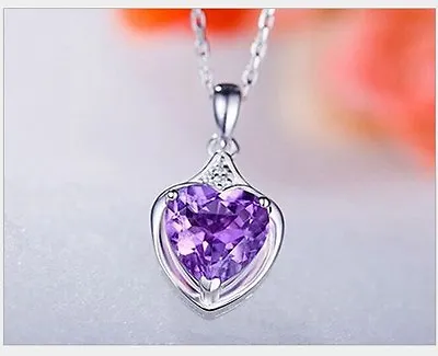 $9.95 • Buy Sterling Silver Heart Cut Purple Amethyst Crystal Pendant Necklace Gift Box G14