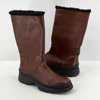 $194.99 • Buy STAUD Shoes Womens 40 Cognac Brown Bow Lug Sole Boot Shearling Trim Black NWOB